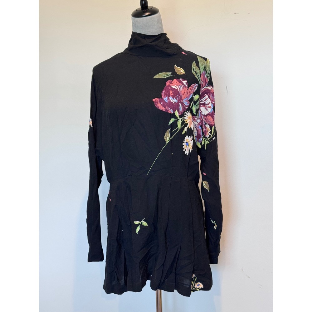 Free People Black Floral Open Back Mock Neck Mini Dress Long Sleeve Size S